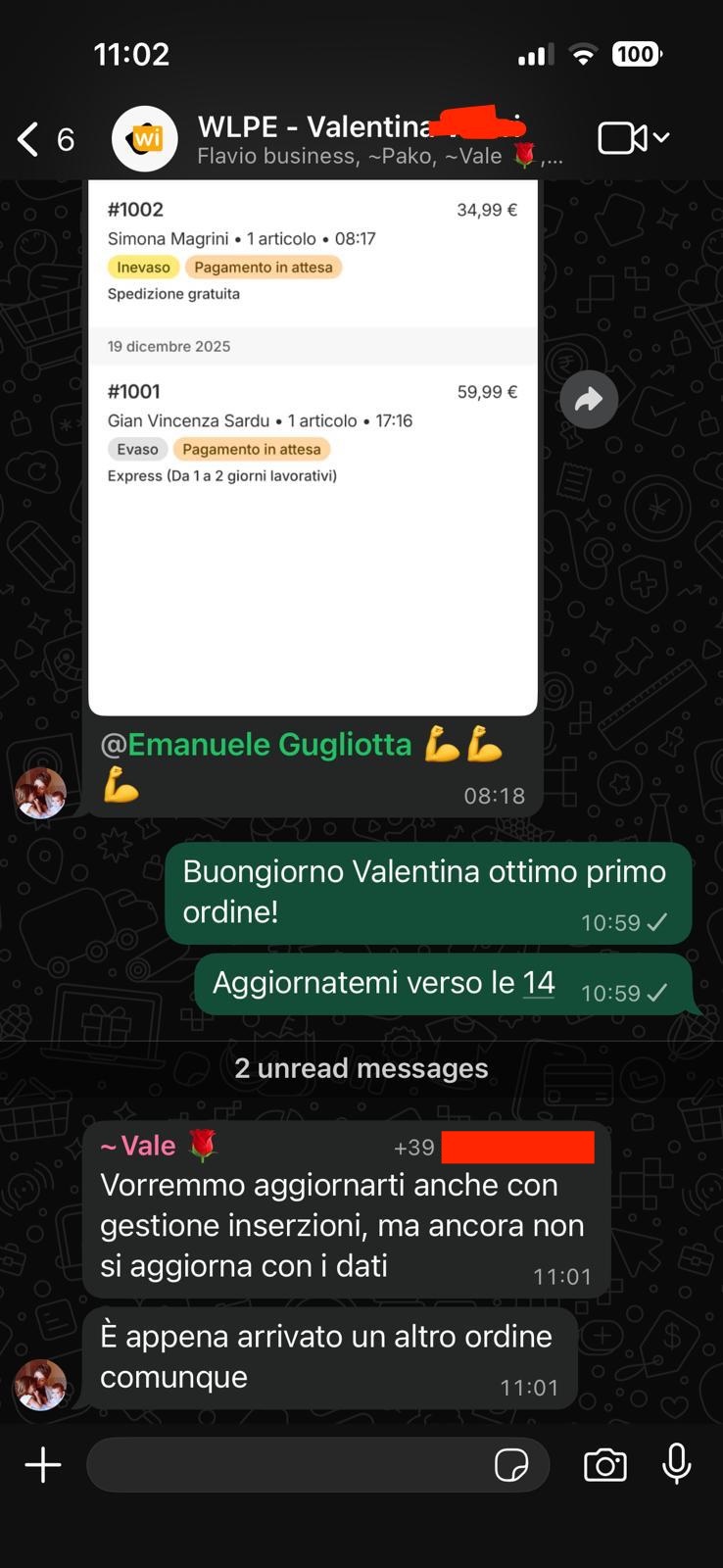 Chat WhatsApp con Valentina: i primi due ordini del suo negozio
