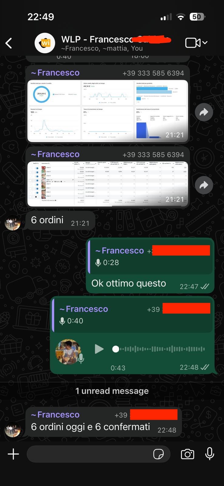 Chat WhatsApp con Francesco: 6 ordini oggi e 6 confermati